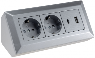 2-fach Steckdosenblock, USB-A+C, silber