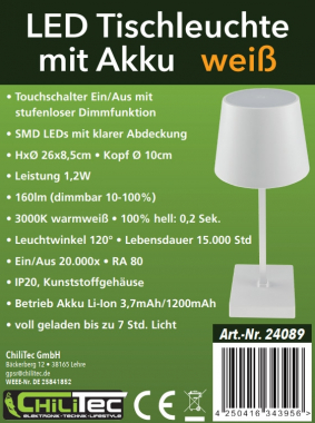 LED Akku Tischleuchte 26cm, dimmbar