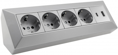 4-fach Steckdosenblock, USB-A+C, silber