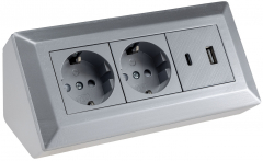 2-fach Steckdosenblock, USB-A+C, silber