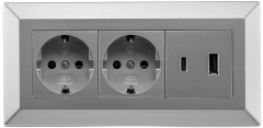 2-fach Steckdosenblock, USB-A+C, silber