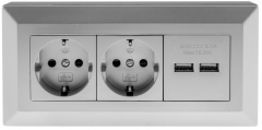 2-fach Steckdosenblock + 2x USB, silber